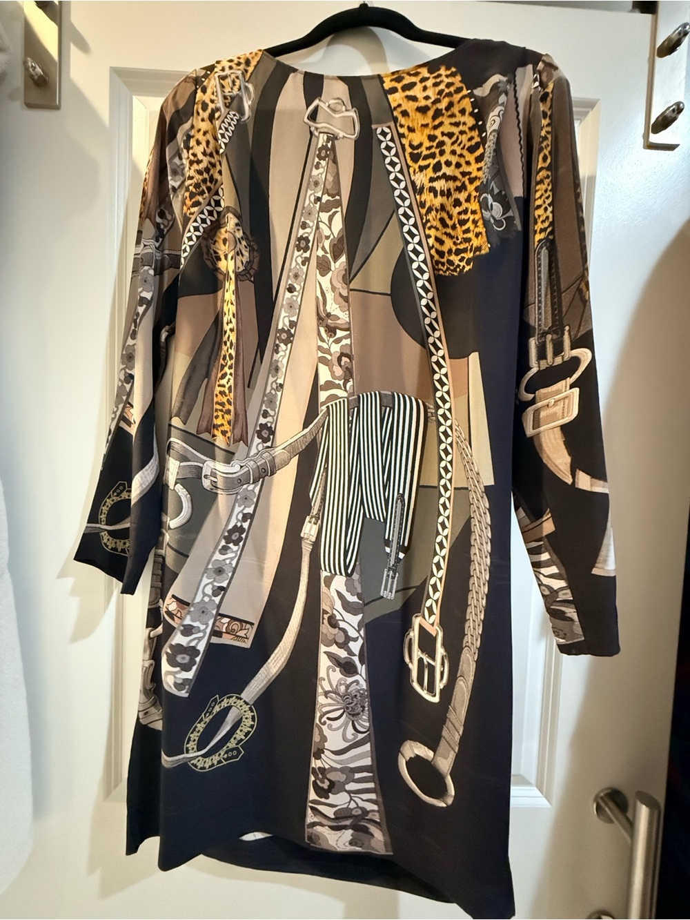 Equestrian-Print Silk Midi Dress in Brown & Black